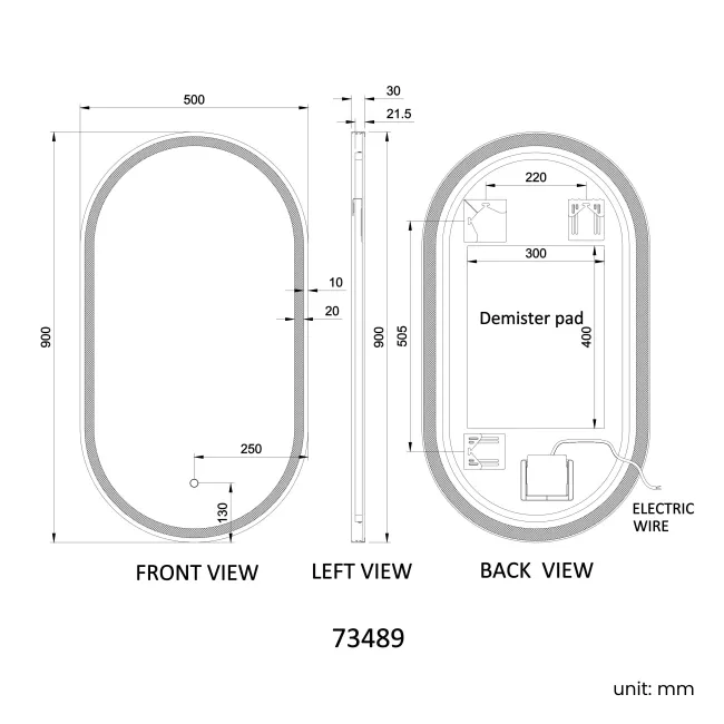 Ada Pill Black Framed Illuminated LED Mirror 900x500mm