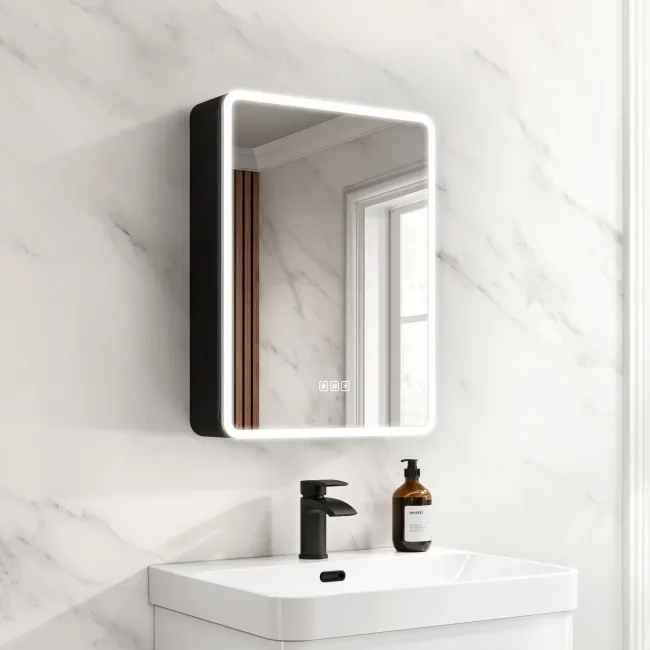 Aurora Matt Black Illuminated LED Mirror Cabinet With BLUETOOTH Speaker 600x450mm
