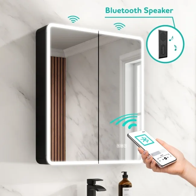 Aurora Matt Black Illuminated LED Mirror Cabinet With BLUETOOTH Speaker 700x800mm