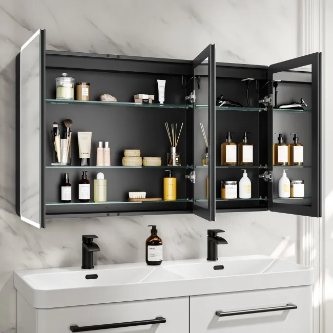 Aurora Matt Black Illuminated LED Mirror Cabinet With BLUETOOTH Speaker 700x1200mm