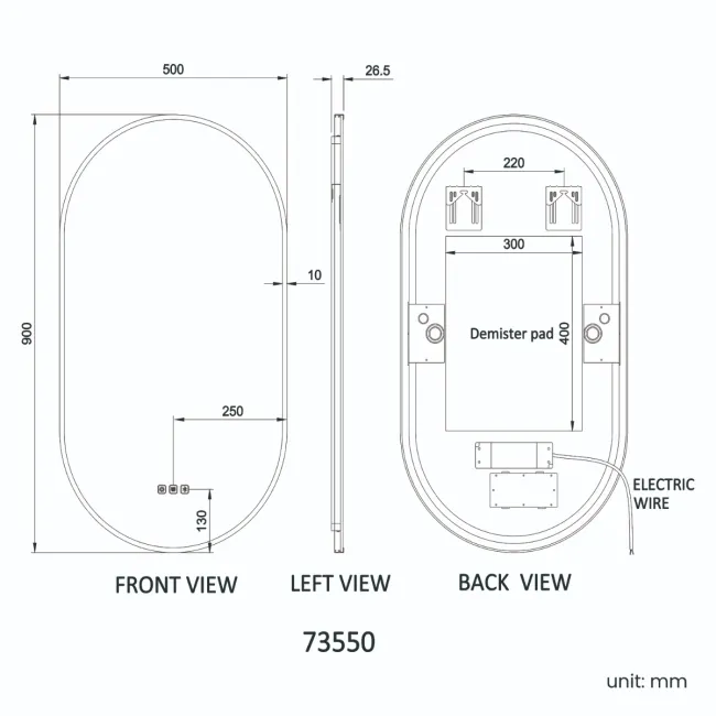 Ada Pill Black Framed Backlit Illuminated LED Mirror With BLUETOOTH Speaker 900x500mm