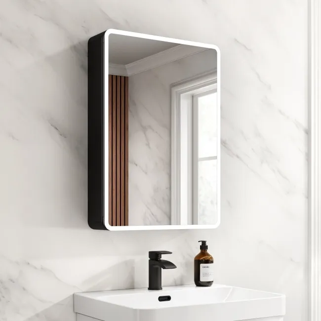 Aurora Battery Operated Matt Black Illuminated LED Mirror Cabinet 700x500mm