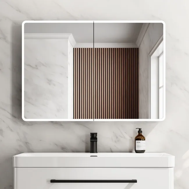 Aurora Battery Operated Matt Black Illuminated LED Mirror Cabinet 700x1000mm