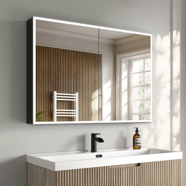 Esme Battery Operated Matt Black Illuminated LED Mirror Cabinet 700x1000mm