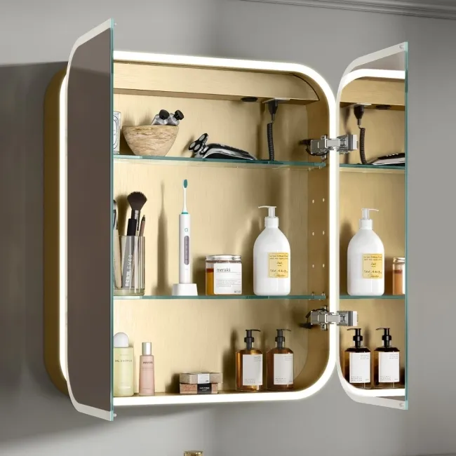 Willow Brushed Brass Illuminated LED Mirror Cabinet With BLUETOOTH Speaker & USB Port 700x600mm