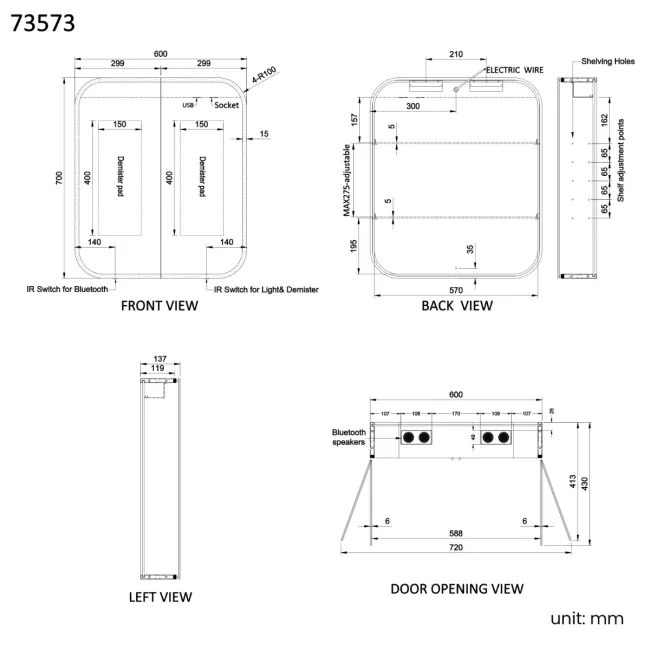 Willow Brushed Brass Illuminated LED Mirror Cabinet With BLUETOOTH Speaker & USB Port 700x600mm