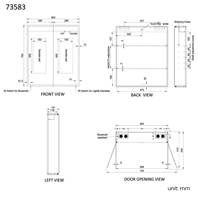 Margot Brushed Brass Illuminated LED Mirror Cabinet With BLUETOOTH Speaker & USB Port 700x600mm