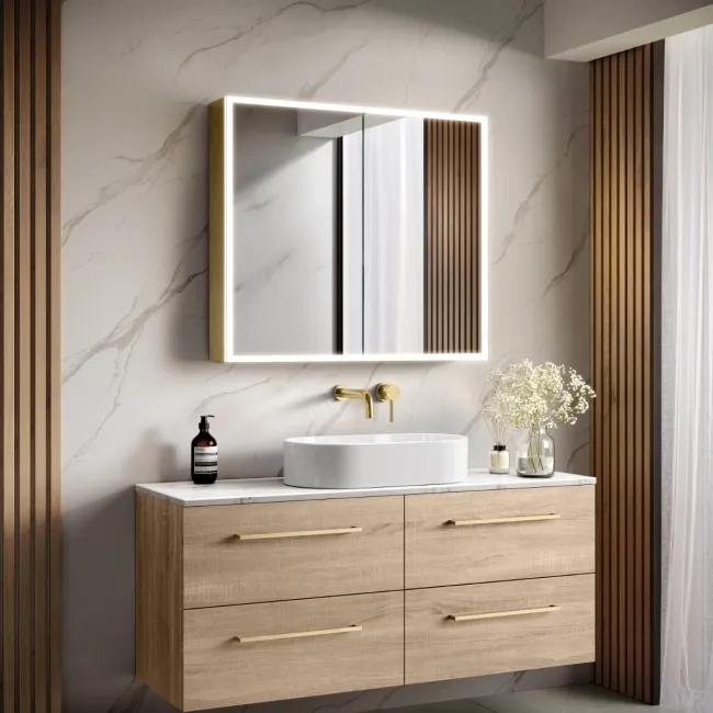 Margot Brushed Brass Illuminated LED Mirror Cabinet With BLUETOOTH Speaker & USB Port 700x800mm