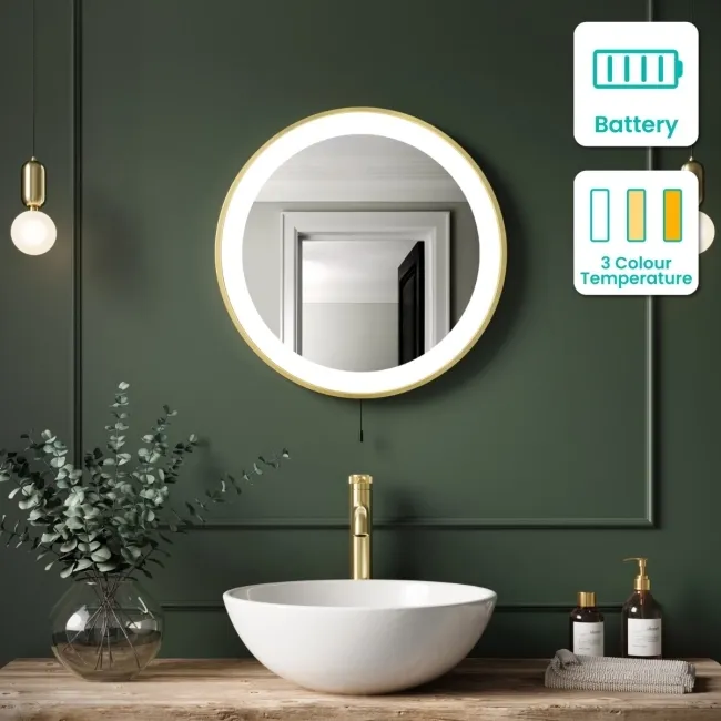 Delilah Battery Operated Brushed Brass Round Illuminated LED Mirror 500mm
