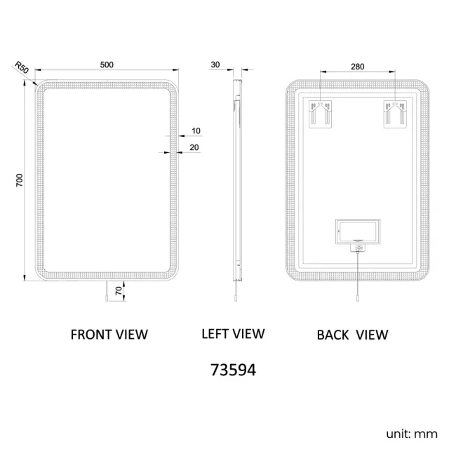 Mila Battery Operated Black Framed Illuminated LED Mirror 700x500mm