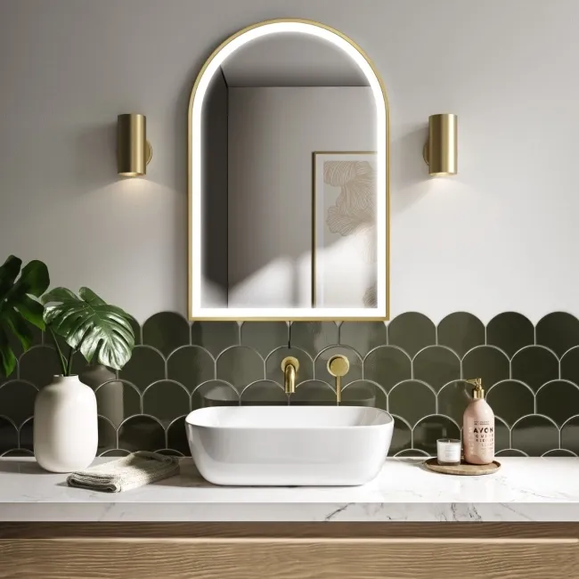 Maya Battery Operated Brushed Brass Arched LED Mirror 750x500mm