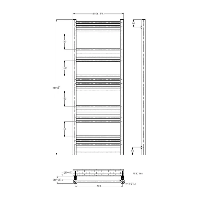 Valetta Electric Matt Black Square Heated Towel Rail 1600x600mm
