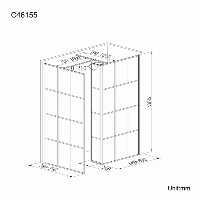 Munich Matt Black Grid 8mm Walk In Shower Enclosure 700mm & 800mm Glass with Pivotal Return Panel