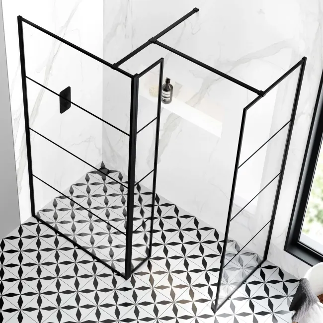 Munich Matt Black Grid 8mm Walk In Shower Enclosure 1100mm & 800mm Glass with Pivotal Return Panel