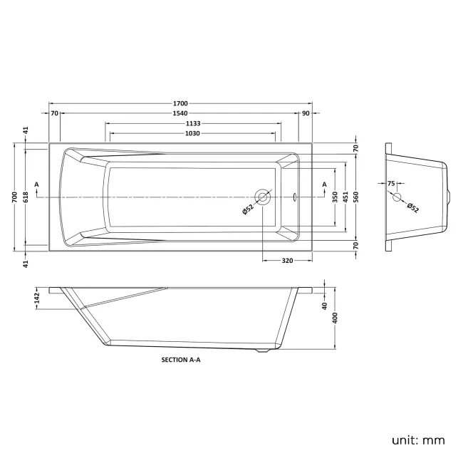 Hereford 1700x700 Square Single Ended Bath