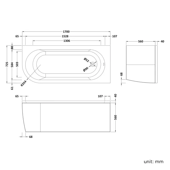Oakham 1700 Space Saving Bath - Right Handed ( Excludes Bath Panel)