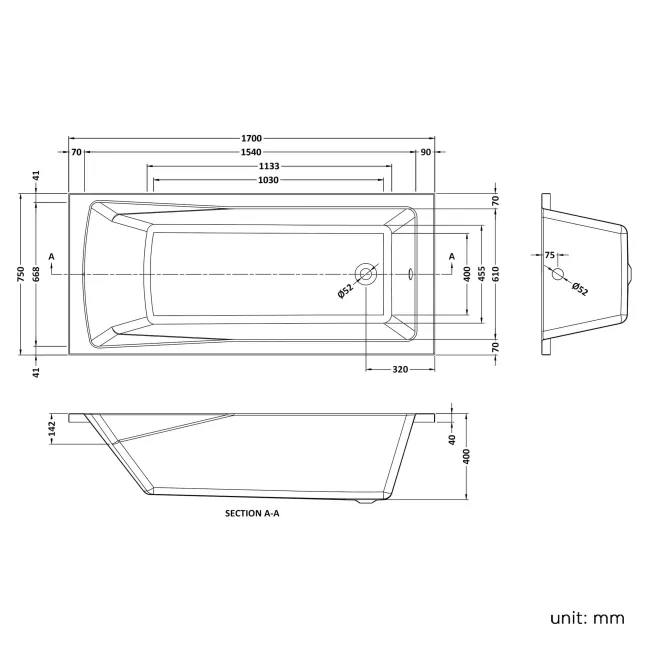 Hereford 1700x750 Square Shower Bath & 6mm Easy Clean Screen with Rail