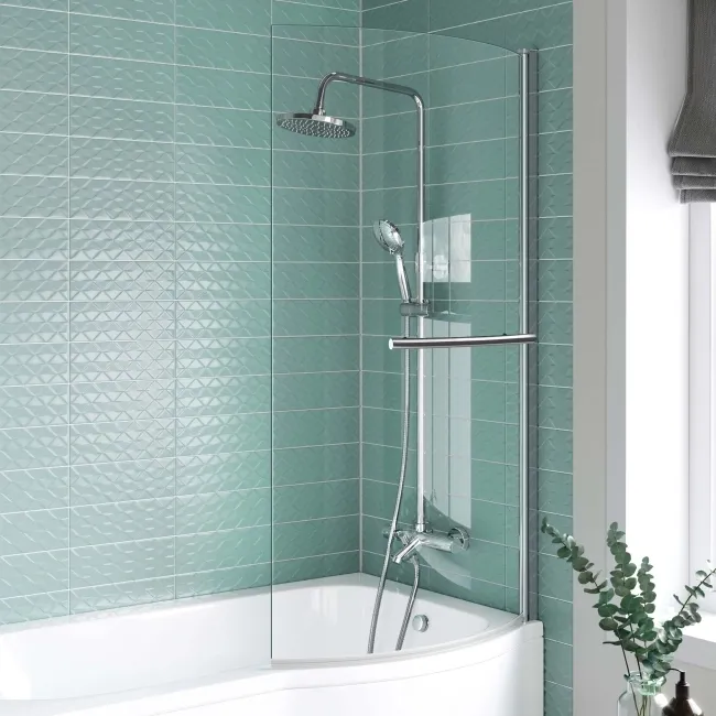 P Shaped 1500 Shower Bath with Front Panel & 4mm Screen with Rail - Right Handed