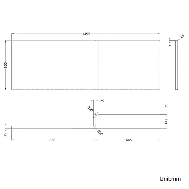 L Shaped 1500 Shower Bath with Front Panel & 4mm Fixed Screen with Rail - Left Handed