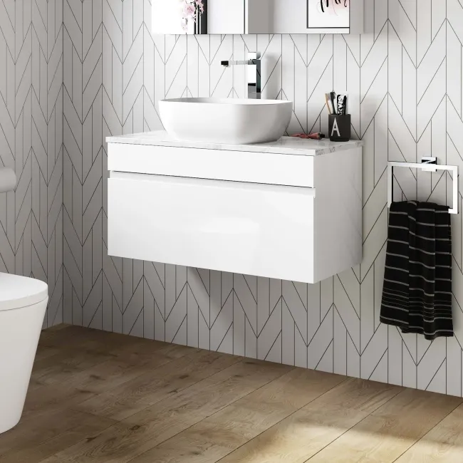 Trent Gloss White Wall Hung Drawer Vanity with Marble Top & Curved Counter Top Basin 800mm