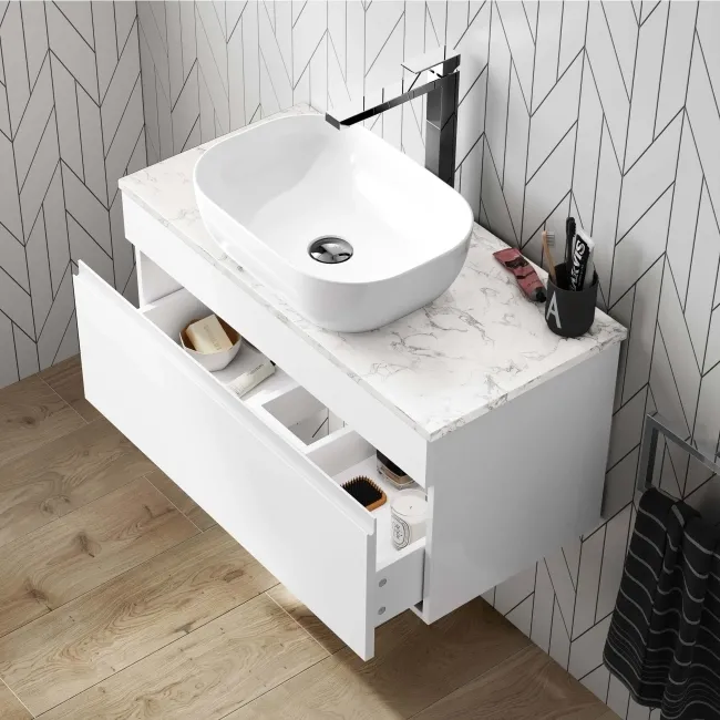 Trent Gloss White Wall Hung Drawer Vanity with Marble Top & Curved Counter Top Basin 800mm