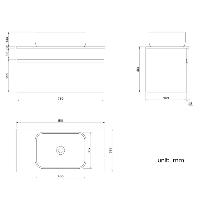 Trent Gloss White Wall Hung Drawer Vanity with Marble Top & Curved Counter Top Basin 800mm