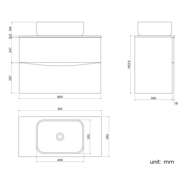 Austin Gloss White Wall Hung Drawer Vanity with Marble Top & Curved Counter Top Basin 800mm
