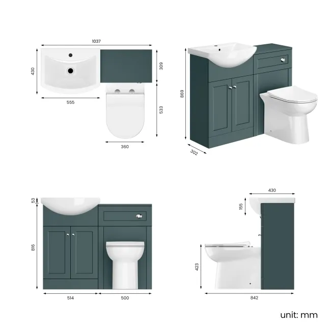 Capri Mystic Green Combination Vanity Basin and Aruba Toilet 1050mm - Chrome Handles