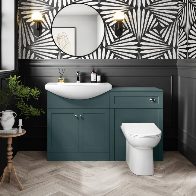 Capri Mystic Green Combination Vanity Basin and Aruba Toilet 1350mm - Chrome Handles