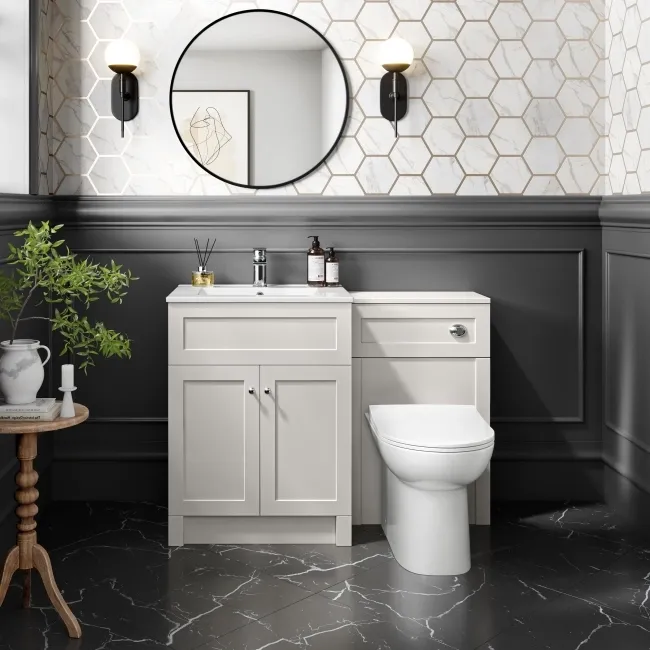 Milos Cotton White Combination Vanity Basin and Aruba Toilet 1100mm - Chrome Handles