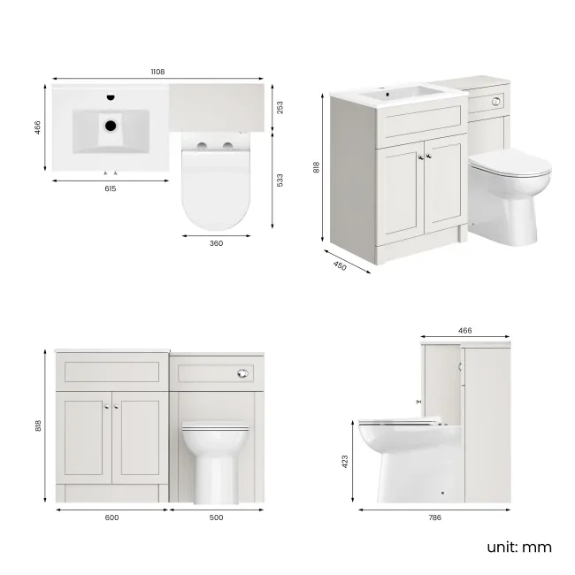 Milos Cotton White Combination Vanity Basin and Aruba Toilet 1100mm - Chrome Handles