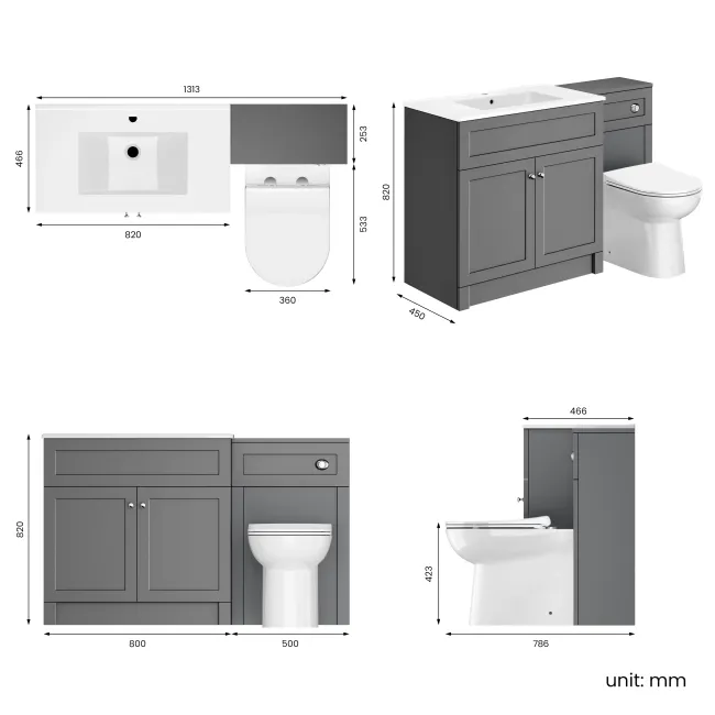 Milos Fog Grey Combination Vanity Basin and Aruba Toilet 1300mm - Chrome Handles