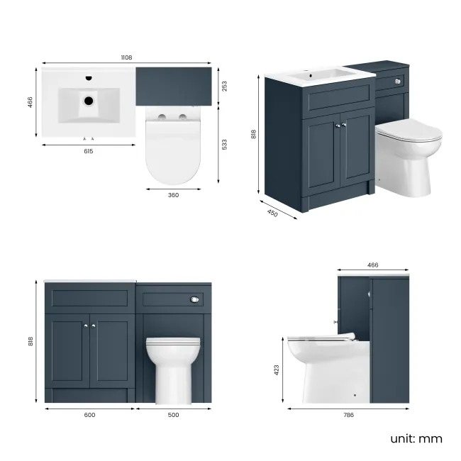 Milos Navy Blue Combination Vanity Basin and Aruba Toilet 1100mm - Chrome Handles