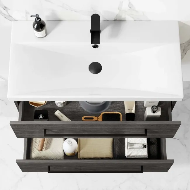 Elba Charcoal Elm Wall Hung Basin Drawer Vanity 800mm with Matt Black Stand