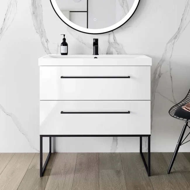 Elba Gloss White Wall Hung Basin Drawer Vanity 800mm with Matt Black Stand