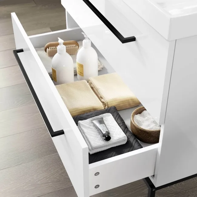 Elba Gloss White Wall Hung Basin Drawer Vanity 800mm with Matt Black Stand