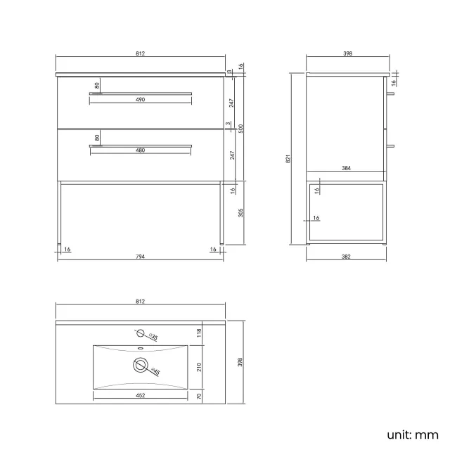 Elba Matt Black Wall Hung Basin Drawer Vanity 800mm with Matt Black Stand