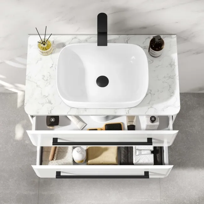 Omaha Gloss White Wall Hung Drawer Vanity with Marble Top & Curved Counter Top Basin 800mm - Black Accents