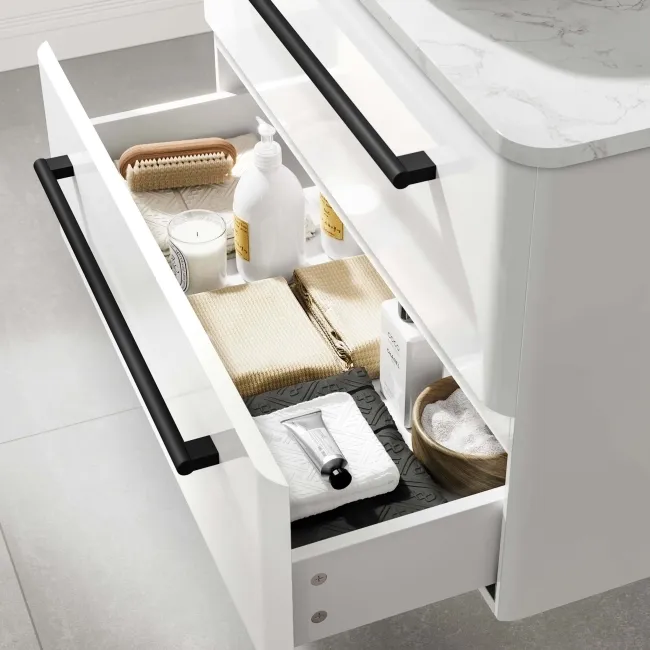 Omaha Gloss White Wall Hung Drawer Vanity with Marble Top & Curved Counter Top Basin 800mm - Black Accents