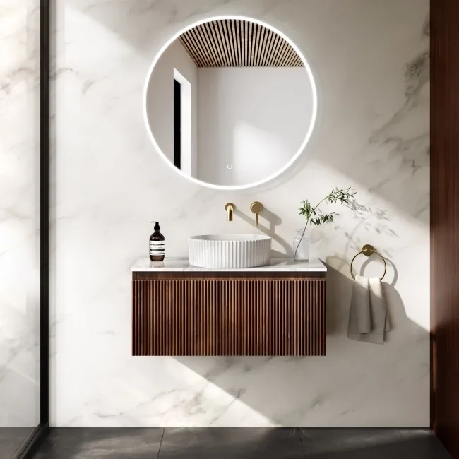 Malta Fluted Black Walnut Wall Hung Drawer Vanity with Marble Top & Nevis Basin 800mm