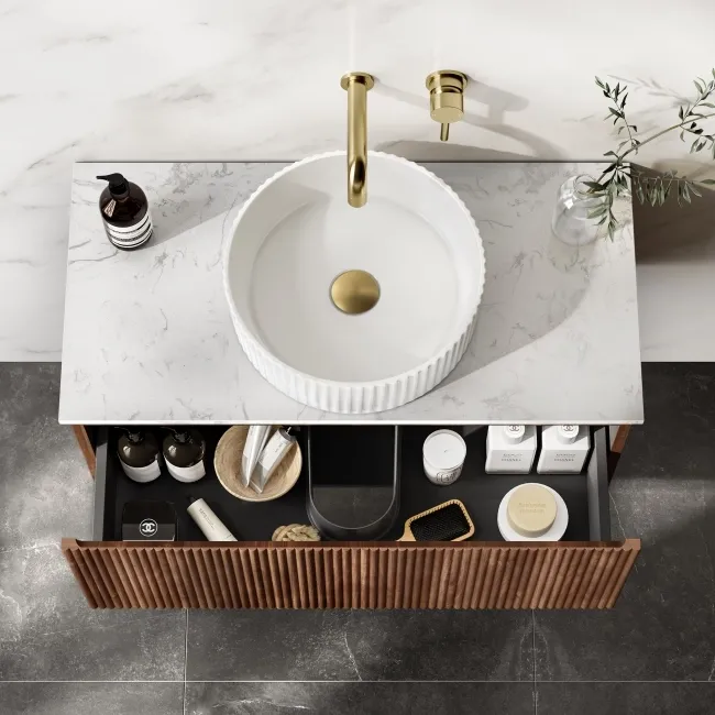 Malta Fluted Black Walnut Wall Hung Drawer Vanity with Marble Top & Nevis Basin 800mm