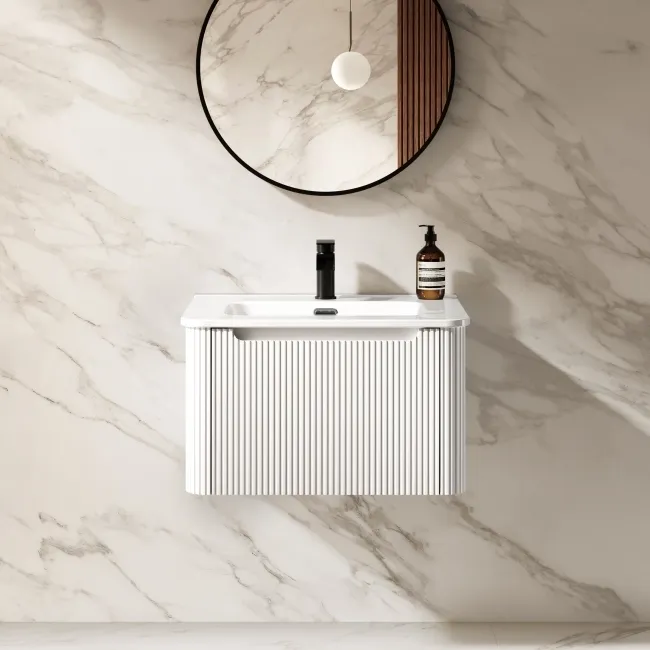 Sorrento Fluted Coastal White Wall Hung Basin Drawer Vanity 600mm