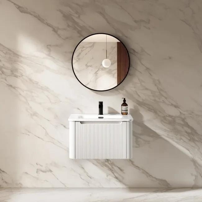 Sorrento Fluted Coastal White Wall Hung Basin Drawer Vanity 600mm