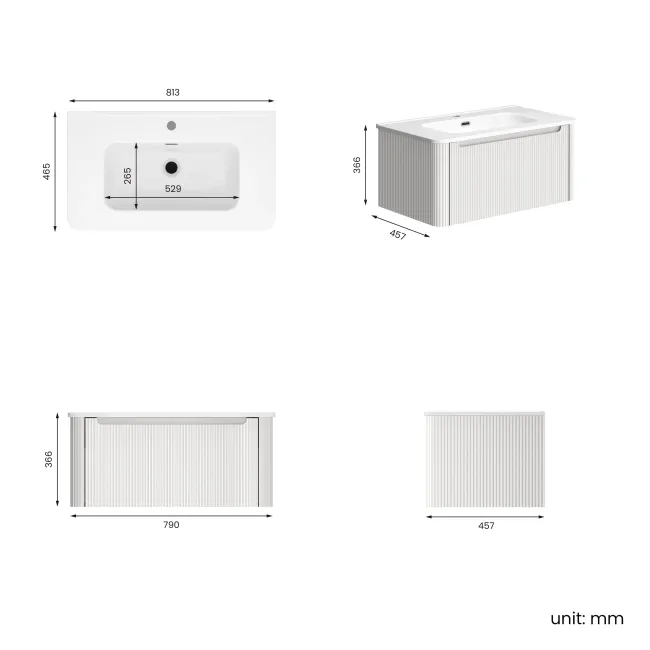 Sorrento Fluted Coastal White Wall Hung Basin Drawer Vanity 800mm