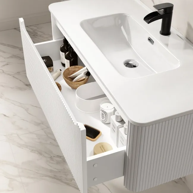 Sorrento Fluted Coastal White Wall Hung Basin Drawer Vanity 1000mm