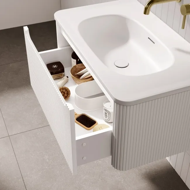 Sorrento Fluted Coastal White Wall Hung Drawer Vanity with Matt White Basin 800mm