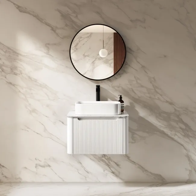 Sorrento Fluted Coastal White Wall Hung Drawer Vanity with Marble Top & Marin Basin 600mm