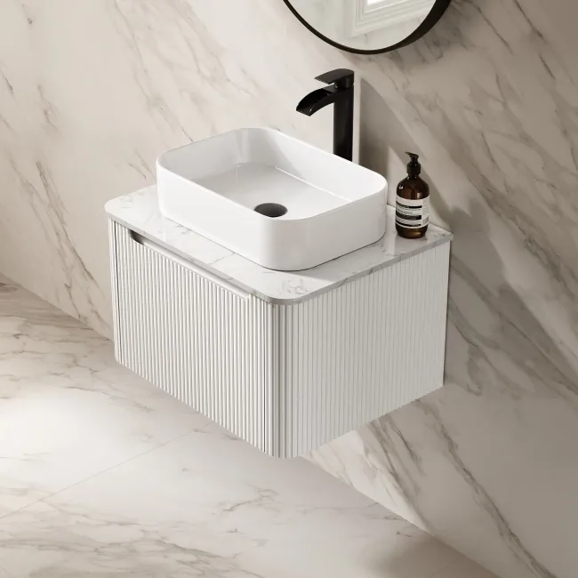Sorrento Fluted Coastal White Wall Hung Drawer Vanity with Marble Top & Marin Basin 600mm