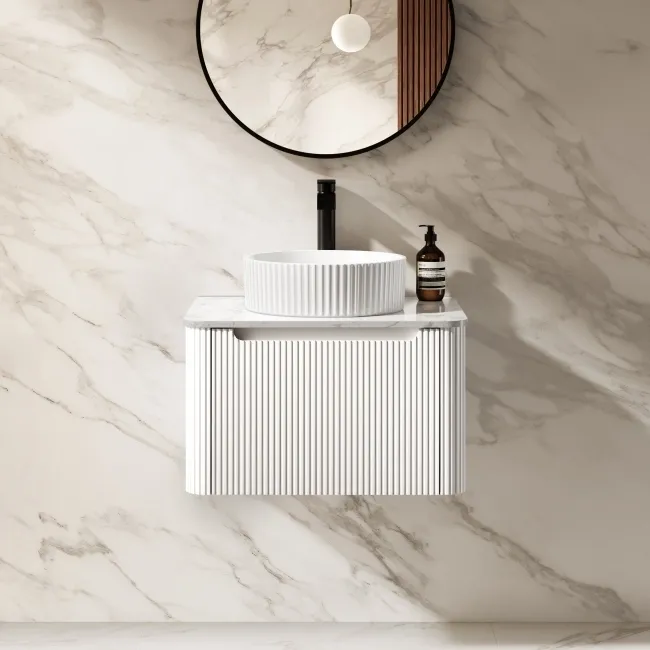 Sorrento Fluted Coastal White Wall Hung Drawer Vanity with Marble Top & Nevis Basin 600mm