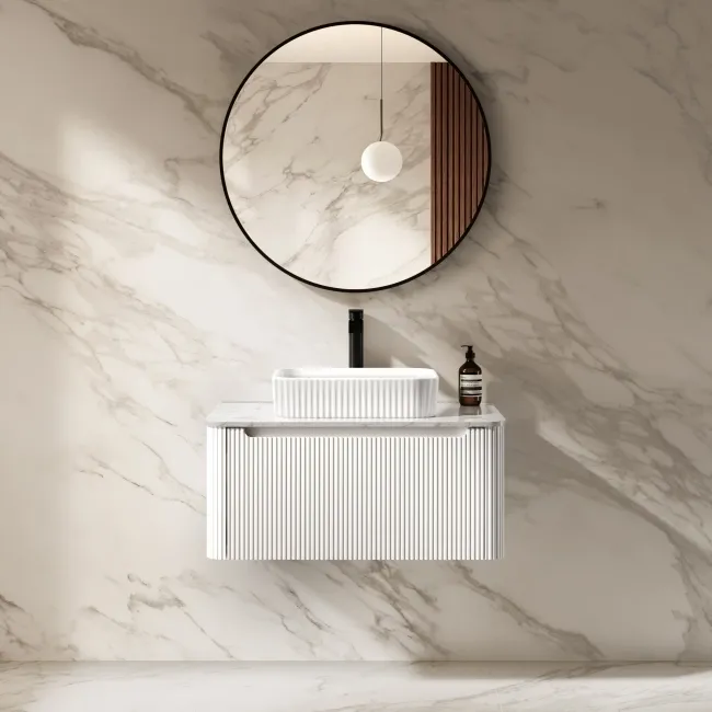 Sorrento Fluted Coastal White Wall Hung Drawer Vanity with Marble Top & Reno Basin 800mm
